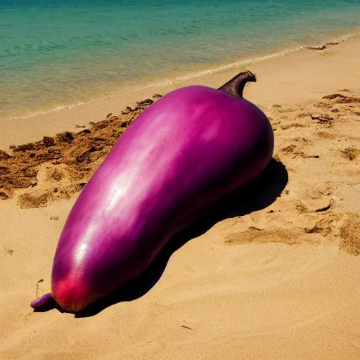 Prompt: anthropomorphic huge eggplant sunbathing on the beach among people, photo,