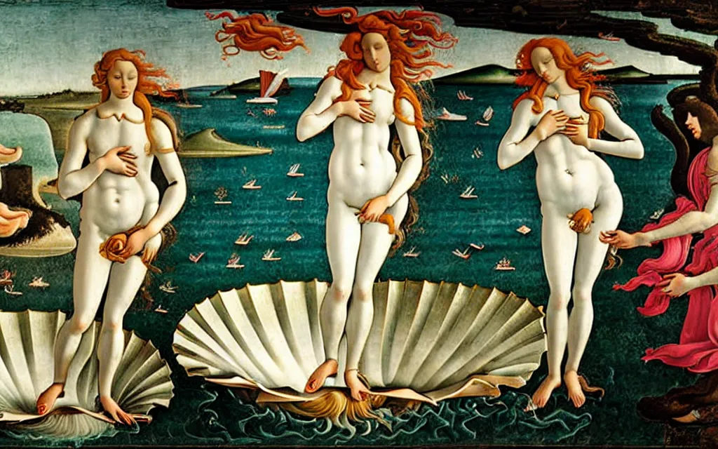 Prompt: sandro botticelli. very soft, delicate light. birth of venus raving.