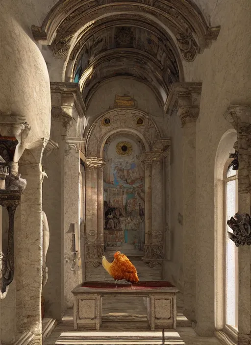 Prompt: a chicken in a roman church, 8 k extremely realistic and highly detailed