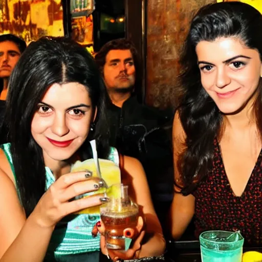 Prompt: Singer MARINA, Marina and the diamonds, spotted drinking a caipirinha at a bar in Rio de Janeiro, Brazil, during the day with Dois Irmãos on the background