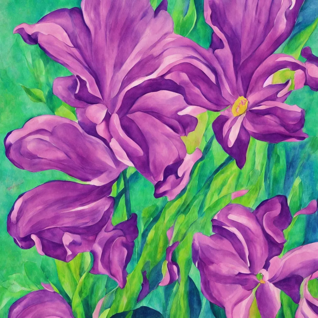 Image similar to a painting of a beautiful flower in the style of georgia o'keeffe, pink and purple colour scheme.