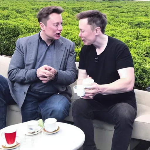 Image similar to elon musk having tea with albert