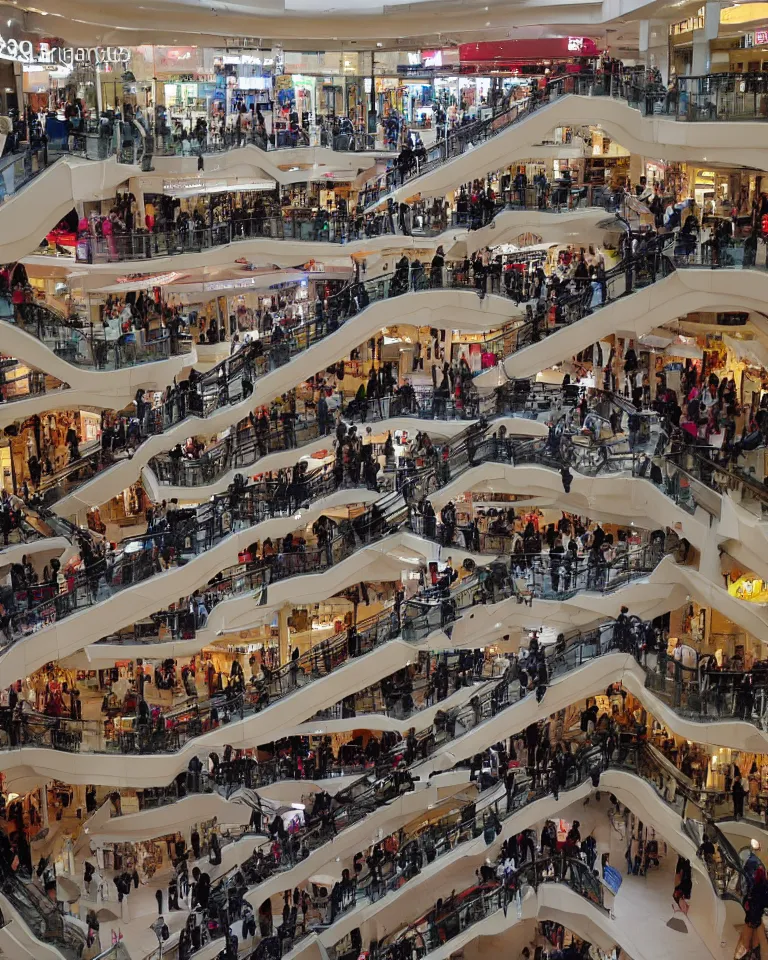 Prompt: the inside of a many-layered shopping mall, bustling with crowds, eight floors