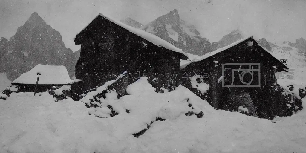 Image similar to 1 9 2 0 s photography of hut in the alps being submerged in snow, krampus hay monster crawling out of it