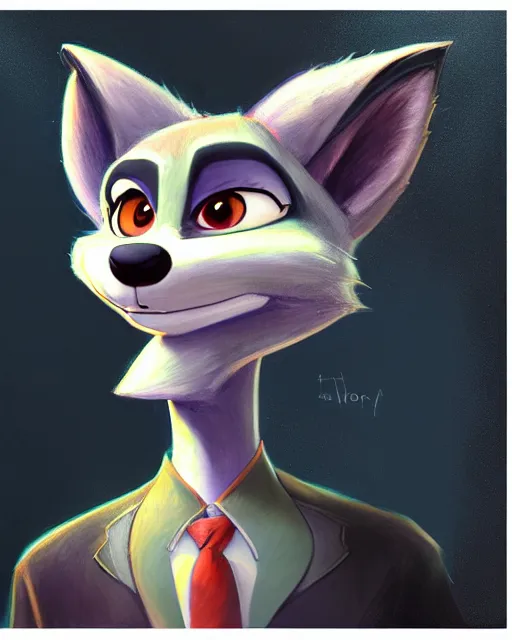 Image similar to dark oil painting of anthromorphic female wolf, in style of zootopia, zootopia, zootopia, fursona, furry, furaffinity, 4 k, deviantart, furry art, fursona art, wearing black business suit, business suit, in style of zootopia, wolf fursona, cyberpunk, female, very very very expressive detailed feminine face,