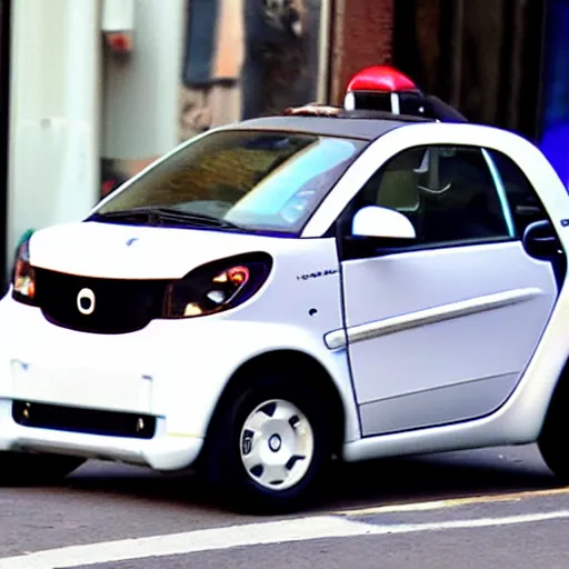 Image similar to amateur photo of shaq getting into a smart car on the streets of new york