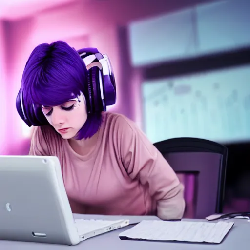 Image similar to beautiful purple - haired female sleeping at desk on computer, wearing headphones, by beeple in hyper realistic action still