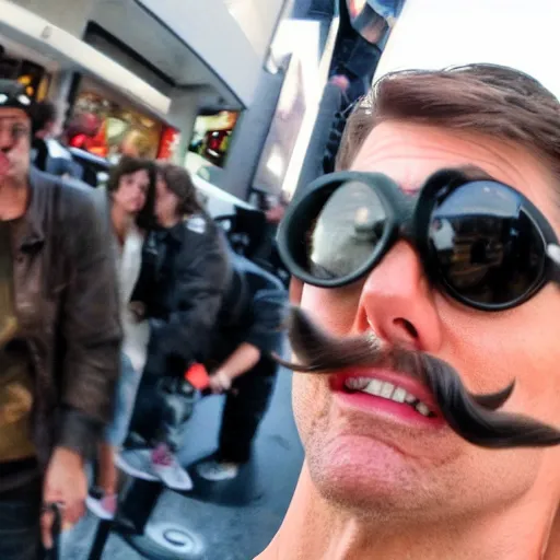 Image similar to paparazzi photo of tom cruise caught using a obviously fake mustache, wide angle, fisheye, uhd, 8 k, paparazzi, award winning