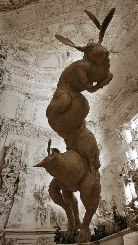 Image similar to an old detailed huge rabbit statue in botanical room by bernini, cinematic, detailed