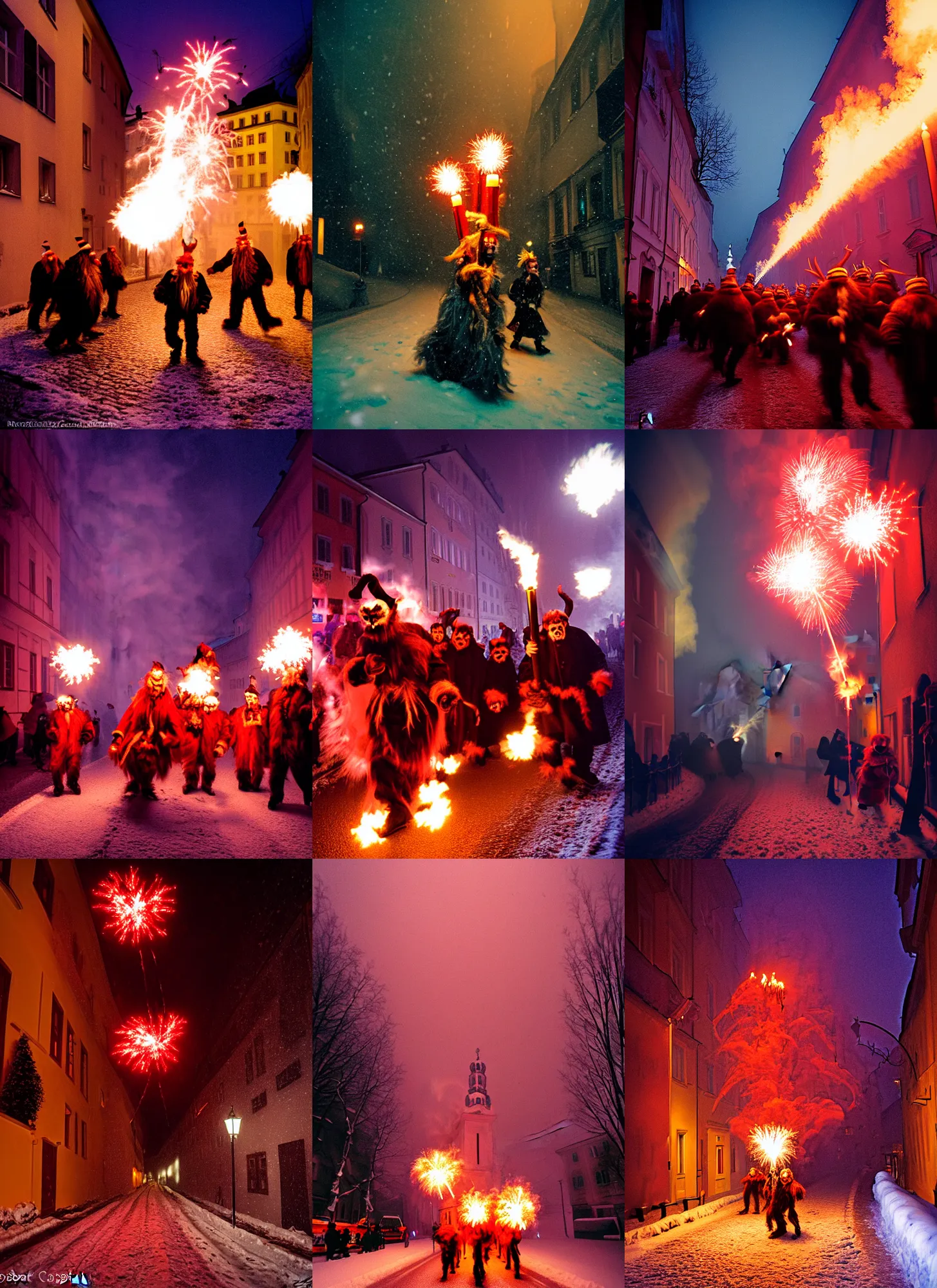 Image similar to kodak portra 4 0 0, winter, hellfire, award winning dynamic photograph of a bunch of hazardous krampus by robert capas, motion blur, in a narrow lane in salzburg at night with colourful pyro fireworks and torches