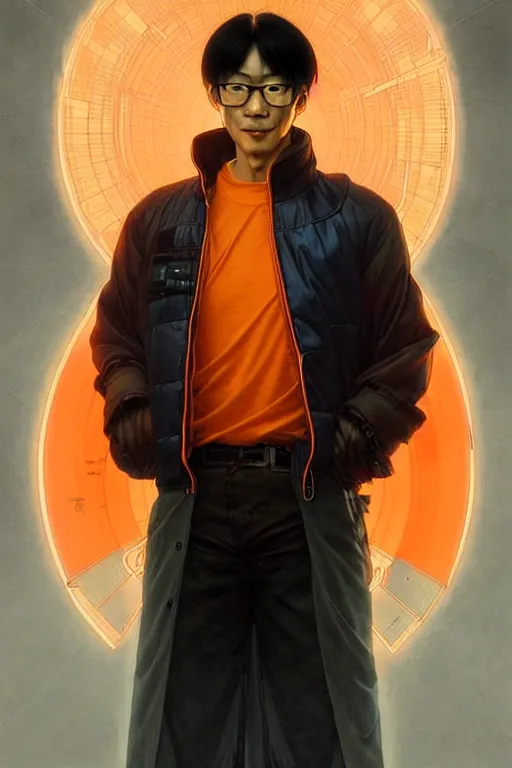 Image similar to a japanese man with very short black hair, broad shoulders, thick round spectacles, wearing a bright orange bomber jacket, seductive cyberpunk dark fantasy, art by artgerm and karol bak and moebius and alphonse mucha and greg rutkowski, hyperdetailed, ultrarealistic, octane render