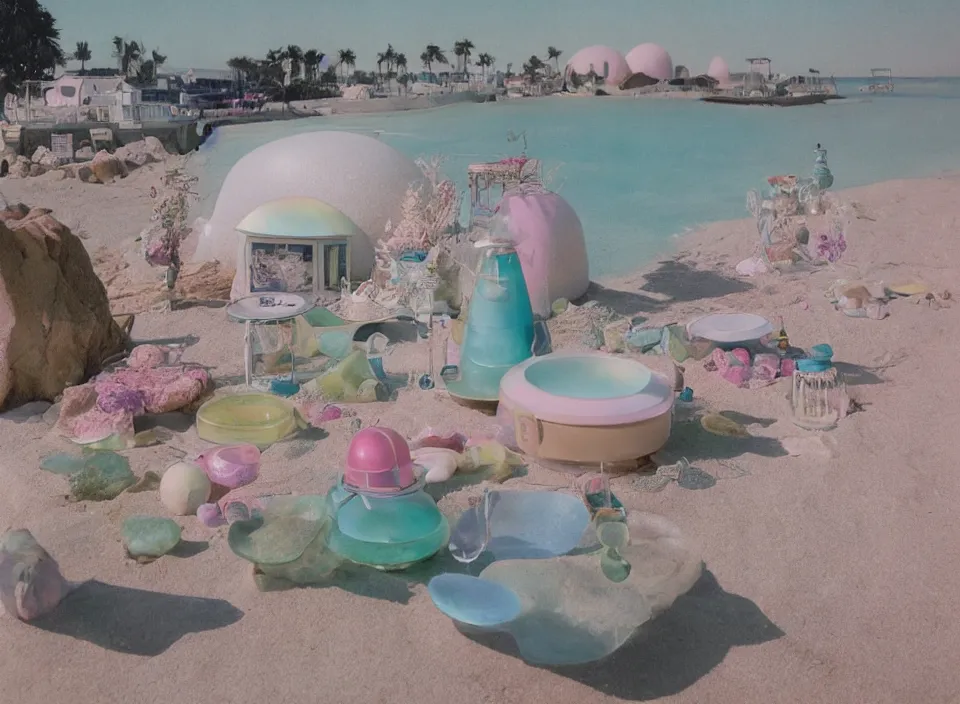 Prompt: a pastel coloured vintage family holiday photo of an empty beach from an alien dreamstate world with chalky pink iridescent!! sand, reflective lavender ocean water, dim bioluminescent plant life and an igloo shaped plastic transparent restaurant surrounded by some holiday clutter opposite a pit with an iridescent blue flame flickering. glare. refraction, volumetric light.