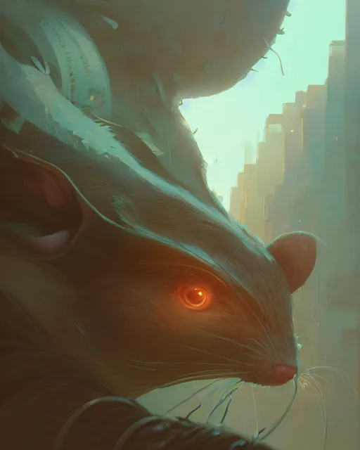 Image similar to highly detailed vfx portrait of a rat, unreal engine, greg rutkowski, loish, rhads, beeple, makoto shinkai and lois van baarle, ilya kuvshinov, rossdraws, tom bagshaw, alphonse mucha, global illumination, detailed and intricate environment