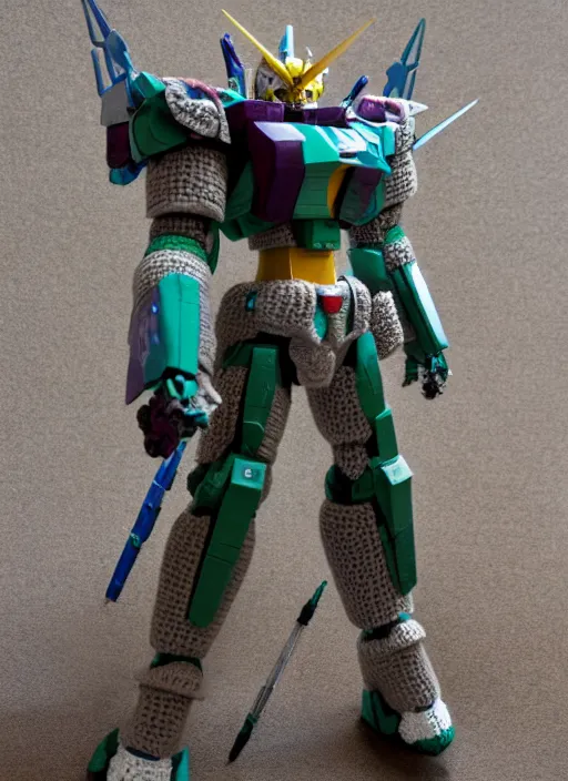 Image similar to a crochet gundam mecha, realistic, no cropping, full body, Sigma 50 mm f/1.4