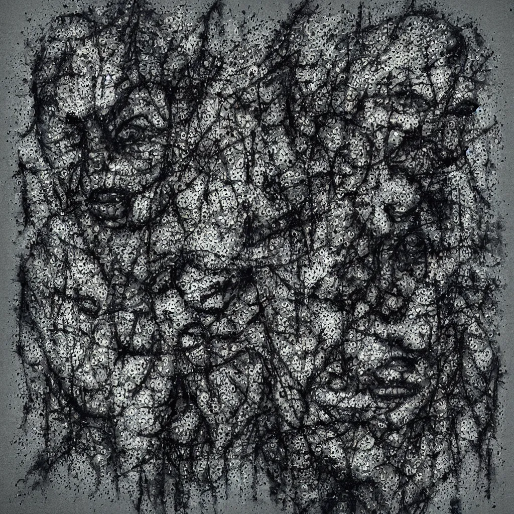 Image similar to camo made of out teeth, smiling, abstract, maya bloch artwork, do hoang tuong artwork, cryptic, dots, stipple, lines, splotch, concrete, color tearing, pitch bending, faceless people, tribal, dark, ominous, eerie, minimal, points, technical, painting