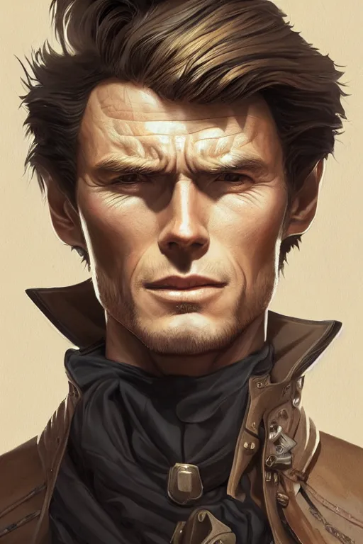 Prompt: young clint eastwood as full metal alchemist, portrait, western, duster, fantasy, intricate, elegant, highly detailed, digital painting, artstation, concept art, sharp focus, illustration, art by artgerm and greg rutkowski and alphonse mucha