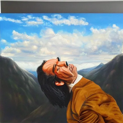 Prompt: a hyper realistic painting of nick cave floating in the sky above mountains