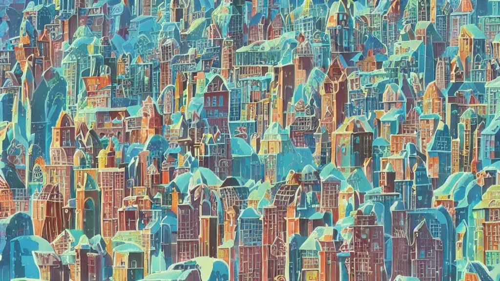 Prompt: city with buildings made entirely of decorated cakes, icing, gouache, ghibli animated film, stylised, illustration, by eyvind earle, scott wills, genndy tartakovski