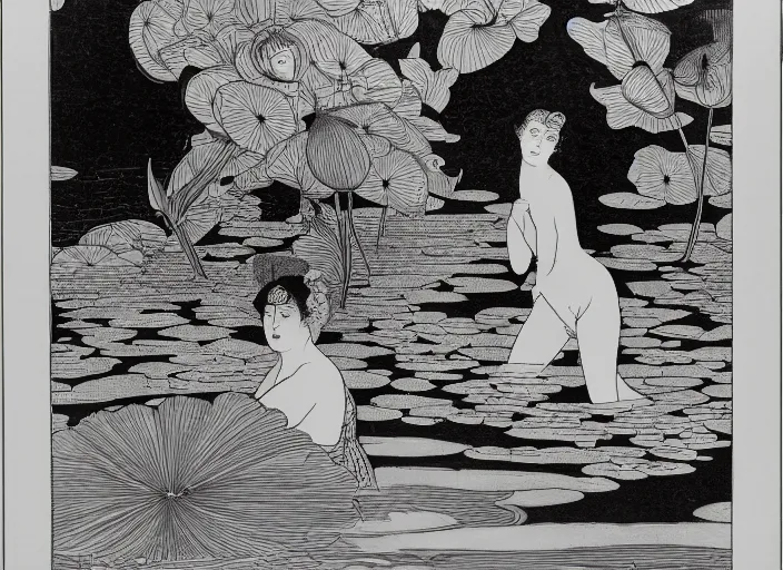 Image similar to A girl bathes in a lake where water lilies are floating, lithography by Aubrey Beardsley, High definition, detailed,