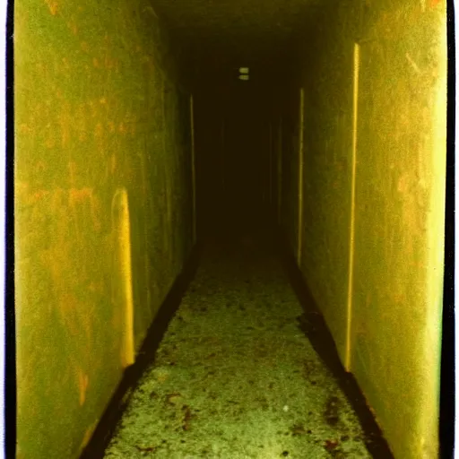 Prompt: low quality polaroid of a narrow dark creepy hallway made out of concrete, yellow painted smile faces on the walls, flickering fluorescent lighting, eerie, horror movie scene