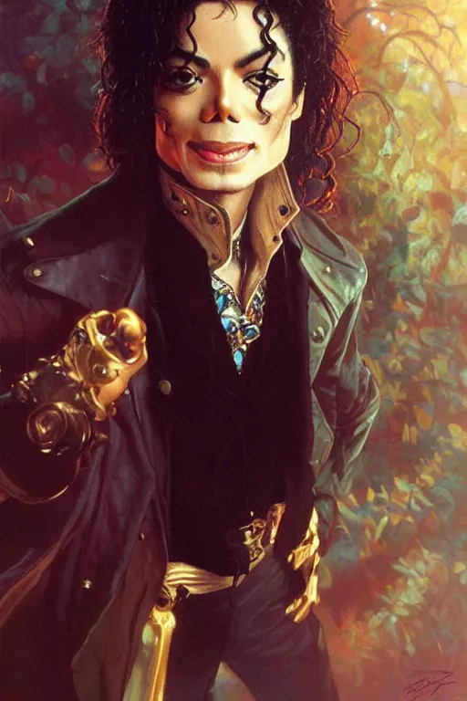 Prompt: michael jackson 1 9 8 3 portrait, fantasy, regal, intricate, by stanley artgerm lau, greg rutkowski, thomas kindkade, alphonse mucha, loish, norman rockwell