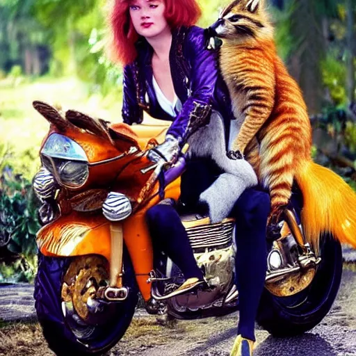 Prompt: a detailed color photo of a slender beautiful woman with straight ginger hair and bangs, wearing purple leathers and gold helmet, posing with large ginger tabby and raccoon and parrot on a motorcycle, holding toasted brioche bun, cinematic light