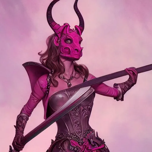 Prompt: cute pink tiefling demon bard performer, leather armor, rapier, pink skin, cute horns, violin, intricate, elegant, highly detailed, digital painting, artstation, concept art, smooth, sharp focus, illustration, art by artgerm and greg rutkowski and alphonse mucha