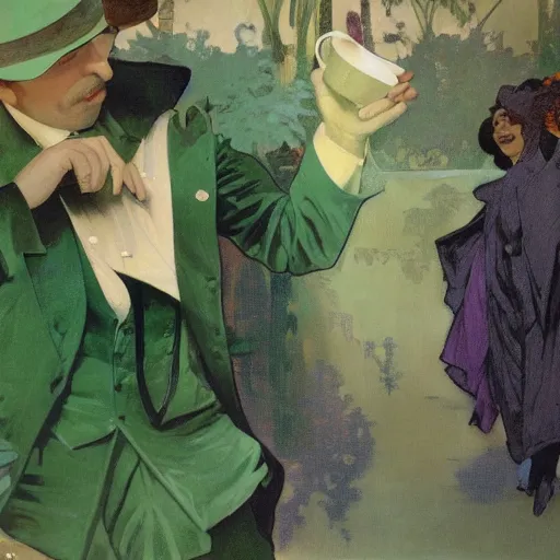 Prompt: man, Wearing green suit, Wearing green tophat, wearing purple undershirt, wearing shades, drinking tea by alphonse mucha, Adolfo Hohenstein, Alice Russell Glenny, Stanley Artgerm Lau, greg rutkowski, fantasy, D&D, trending on artstation, smooth, sharp focus