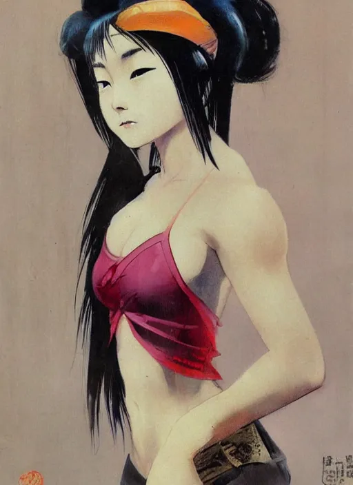 Prompt: painting of a young japanese woman standing in harajuku street art by frank frazetta