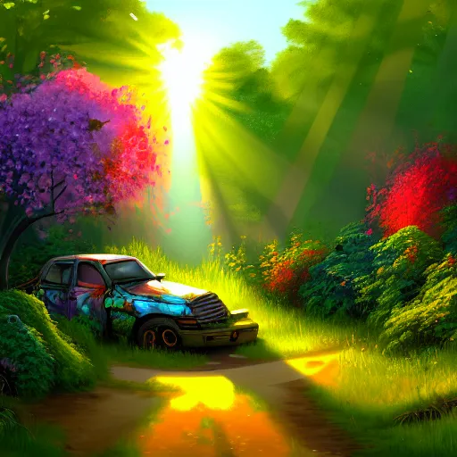 Prompt: A painting of a junk yard in the forest overgrown, with some pretty colorful flowers and ivy, sunrise with sun rays through the trees, digital art, artstation,