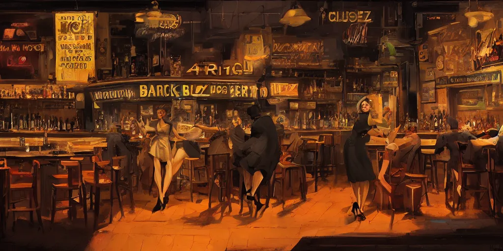 Image similar to a biped female rat is working at the bar of a 4 0 s jazz club, warm color palette, night time, dramatic lighting, noir film, character sheet, fine details, high contrast, blacksad, kim jung gi, greg rutkowski, trending on artstation, 8 k, front view, back view, ultra wide angle