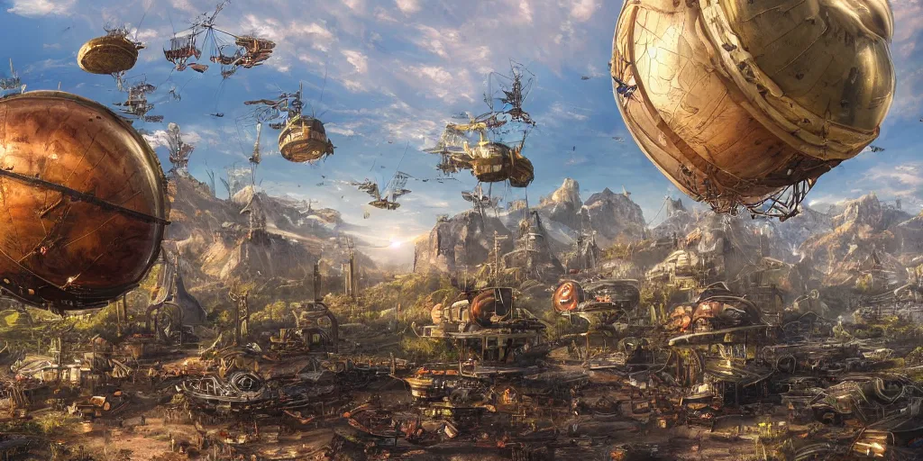 Prompt: an insanely detailed landscape photo under a bright sun with hovering steampunk airships and oversized broken toys scattered