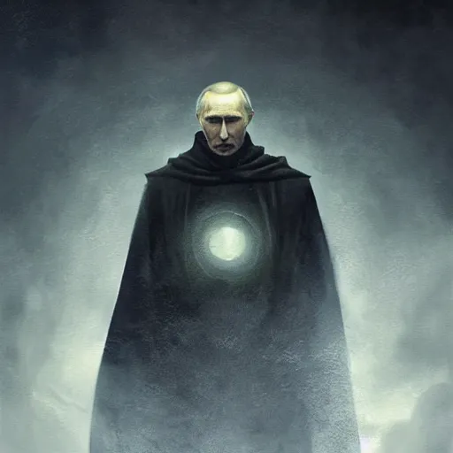 Image similar to portrait of Putin in a black cloak, glowing eyes, detailed face, highly detailed, cinematic lighting, digital art painting by greg rutkowski.