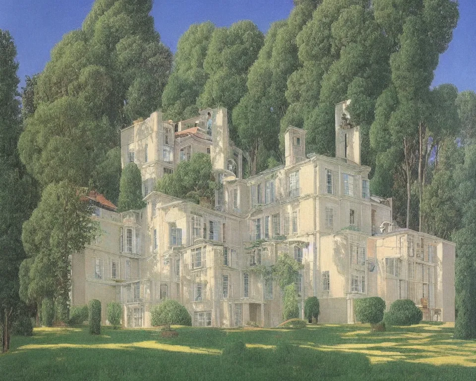 Prompt: an enchanting resplendent mansion hidden in the alpine valley time forgot by Rene Magritte and Giovanni Paolo Panini.