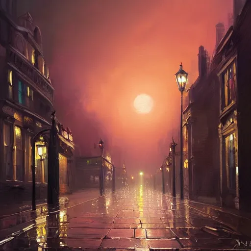 Prompt: a beautiful artwork painting of a mothership above rainy victorian london at sunset, by andreas rocha, featured on artstation