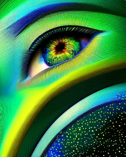 Image similar to a beautiful womans green eye reflecting a sky full of stars, hyper realistic, fractal algorightmic art, art station, coherent design, symmetrical, vivid color, complementary color, golden ratio, detailed, sharp lines, intricate, rainbowshift, in unreal 3 d engine, nvidia optix, ray tracing, octane render