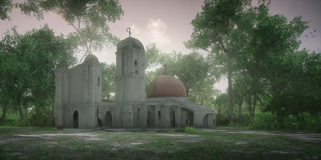 Image similar to abandoned green smooth concrete islamic church, surrounded by lush green forest and red ponds of water, stunning volumetric lighting, sundown, stunning skies, trending on Artstation, 8k, photorealistic, hyper detailed, unreal engine 5, IMAX quality, cinematic, epic lighting, cryengine, octane render, gloomy, foggy, dark