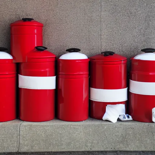 Prompt: pile of red canisters and white bags near wall