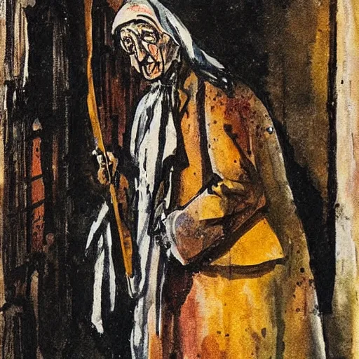 Image similar to queen elizabeth painted as a beggar in a dark forbidding alleyway by george grosz