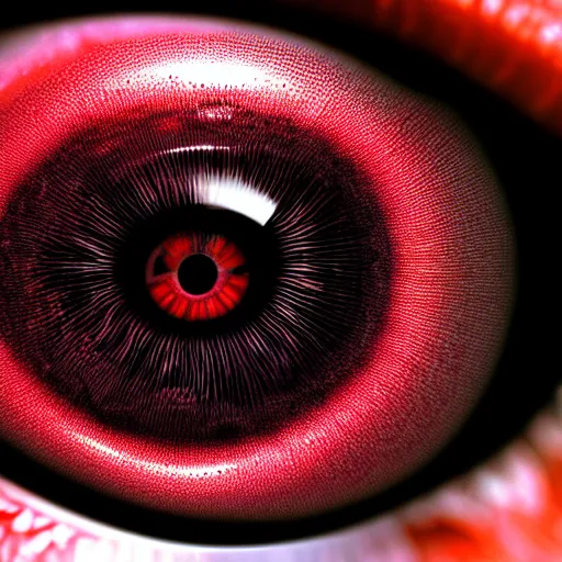 Image similar to a detailed extremely close up of inside the iris, cornea, red image, microscopic, extremely close up drawing by junji ito, cgsociety, generative art, lovecraftian, parallax, cosmic horror, extremely detailed, hyperrealism, unreal engine, octane render, award winning, masterpiece, highly detailed, realistic, 4 k, digital