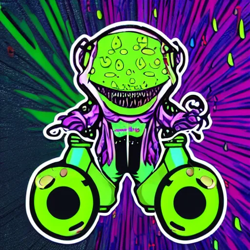 Image similar to svg sticker of a Pop-Wonder Alien-Bog-Monster-Swamp-Rat-Thunder-Coot-Racing-Fan at a rave, spinning records, giant headphones rocking out, wearing headphones, huge speakers, dancing, rave, DJ, spinning records, digital art, amazing composition, rule-of-thirds, award-winning, trending on artstation, featured on deviantart