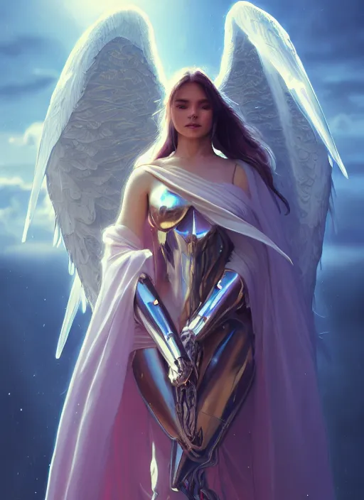 Image similar to angel with big wings, low key light, full plate armor with cloth, f 1 6, bokeh, extreme close up portrait, gentle, female, mountain, storm, god rays, landscape, d & d, fantasy, elegant, teal pink white gold color palette, concept art, moebius, greg rutkowski, alphonse mucha