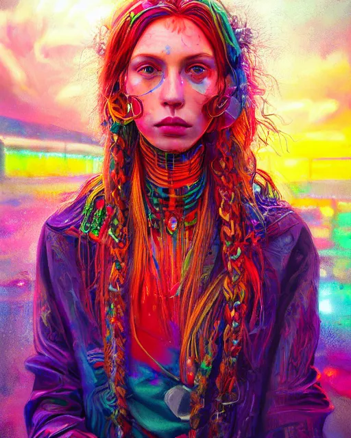 Prompt: colorful detailed portrait of a hippie, set in the future 2 1 5 0 | highly detailed face | very intricate | symmetrical | professional model | cinematic lighting | award - winning | painted by mandy jurgens | pan futurism, dystopian, bold colors, cyberpunk, groovy vibe, anime aesthestic | featured on artstation