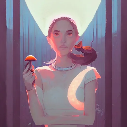 Prompt: portrait of the mushroom goddess by atey ghailan, by greg rutkowski, by simon stalenhag, by greg tocchini, by james gilleard, by joe fenton, by kaethe butcher dynamic lighting, gradient light blue, brown, blonde cream and white color scheme, grunge aesthetic