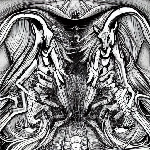 Image similar to detailed black and white illustration of my little pony in the style of h r giger and moebius and wayne barlowe