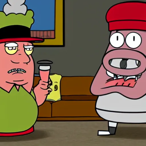 Prompt: master shake using a bong, realistic, meatwad in background