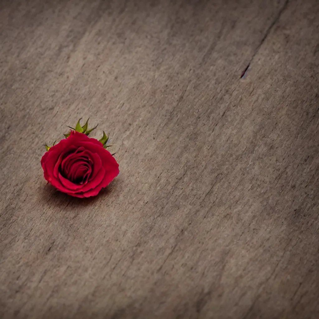 Image similar to close up view of a single rose flower on top of a wooden table, 8k, photorealistic, proper shading