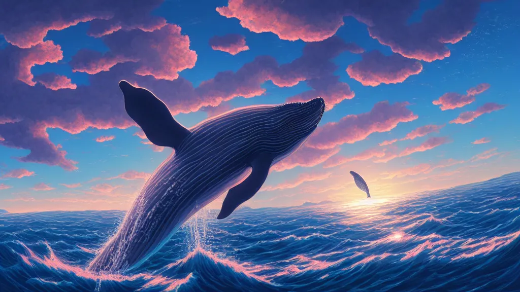 Prompt: highly detailed illustration of a whale flying through the clouds at sunset by makoto shinkai, by oliver vernon, by joseph moncada, by damon soule, by manabu ikeda, by kyle hotz, by dan mumford, by otomo, 4 k resolution