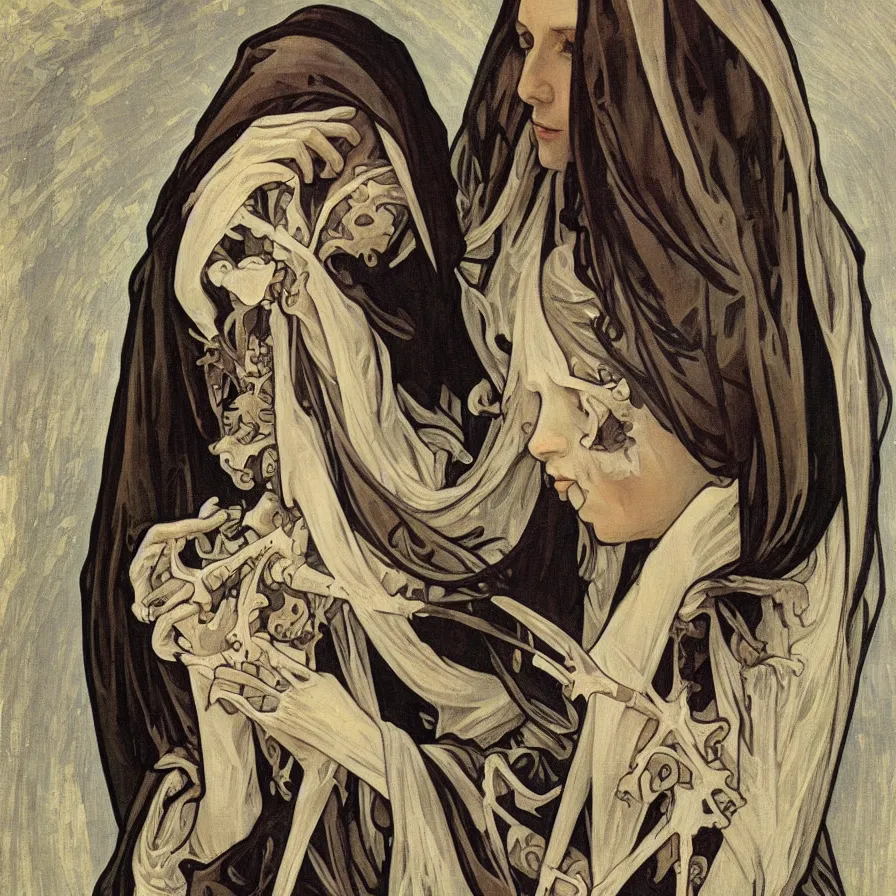 Image similar to a Masterpieces portrait of a skeleton nun in the style of Alphonse Mucha,Realistic style,oil on canvas