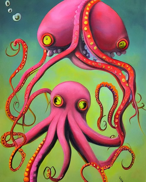 Image similar to Octopus goddess, a painting of a weird creature with a weird hat, a surrealist painting by Yoko d'Holbachie, trending on deviantart, pop surrealism, lowbrow, lovecraftian, whimsical